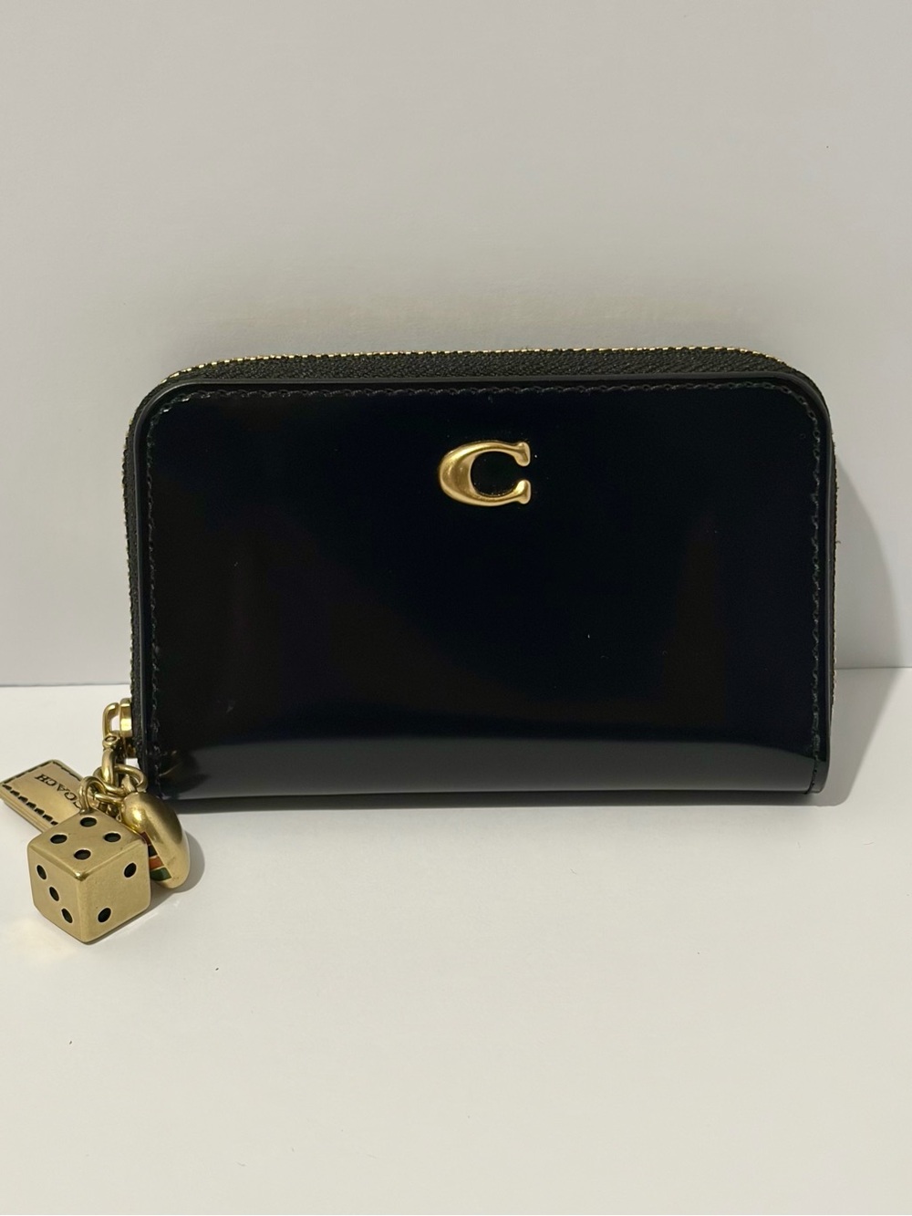 Coach Glossy Black Patent Essential Small Zip Around Wallet With Charm